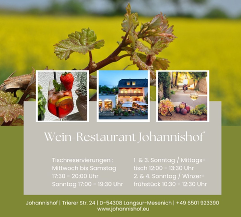 Ein Restaurant namens Johannishof mit Weinangebot und hausgemachten Kuchen. Im Hintergrund sieht man Weinreben und eine schöne Landschaft.