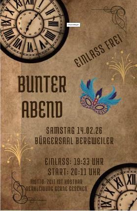 Une affiche accueillante pour un événement intitulé "Soirée Colorée". Elle présente des horloges, un motif de masques et des informations importantes sur l'événement.