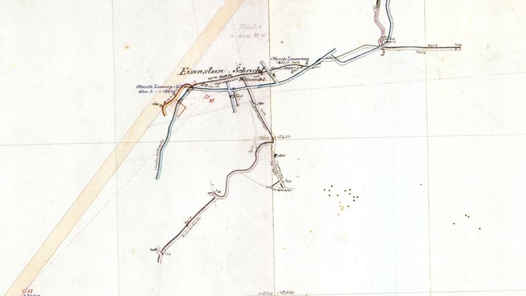 A historical map with streets and paths. It shows the area around a place with details about the surrounding roads.