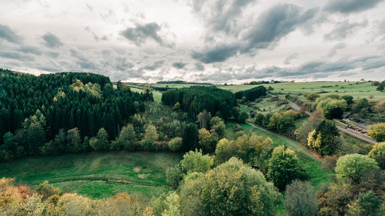 Vue du paysage du château de Reifferscheid avec des forêts et des prairies sous un ciel nuageux.