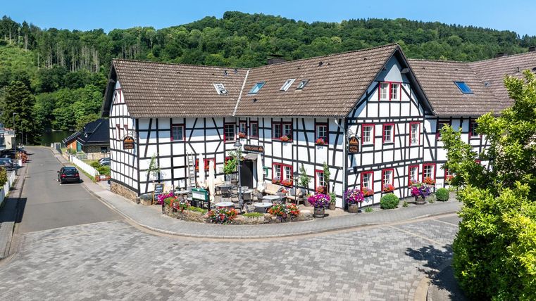 Ein charmantes Fachwerkhaus an einer ruhigen Straße. Es ist von grünen Bäumen umgeben und blühenden Pflanzen geschmückt.