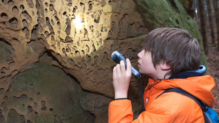 Een jongeman in een oranje jas gebruikt een zaklamp om de honingraatachtige verwering van een rots in het bos te onderzoeken.