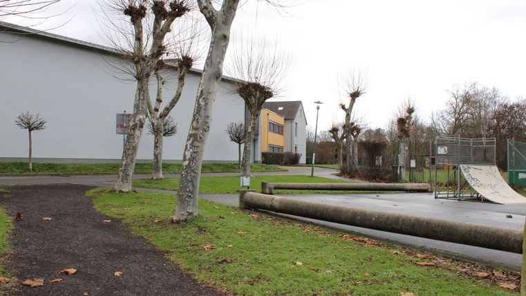 A stony path, the skating area with a ramp to the side, a building in the background