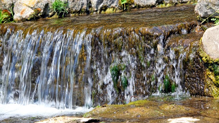 Ein Wasserfall, der über felsige Stufen fließt. Umgeben von grünen Pflanzen und Steinen.