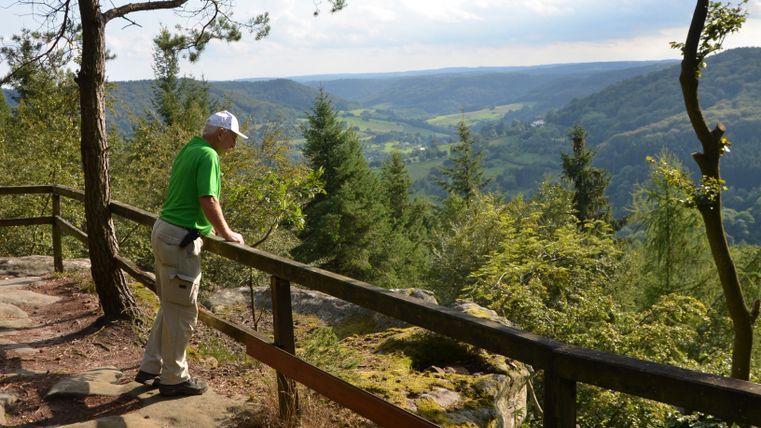 Een man in groene kleding staat bij een reling en kijkt uit over een bebost landschap met heuvels en dalen.