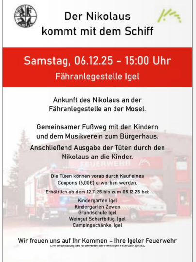 Een evenementaankondiging voor Sinterklaas, die op 06.12.2025 met het schip arriveert. Er worden activiteiten voor kinderen en een zakjesuitdeling georganiseerd.