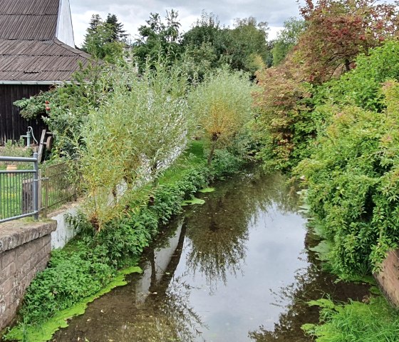 A small stream flows between lush greenery and an old building with a wooden roof. A fence runs alongside the water., © TI Bitburger Land - Steffi Wagner