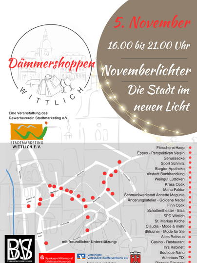 An event overview for the evening shopping in Wittlich in 2026. The map shows various events and locations with dates and a QR code for further information.