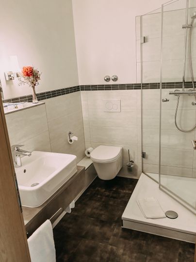 Une salle de bain moderne avec une douche, un lavabo et un WC. Les murs sont clairs et il y a quelques éléments décoratifs.