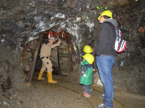 A group of people is exploring a mine tunnel. They are wearing helmets and looking at the surroundings.