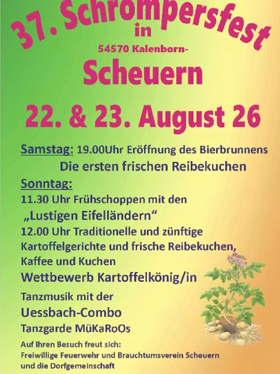 Ein Plakat für das 37. Schrompersfest in Scheuern. Es informiert über die Veranstaltungstermine und Aktivitäten wie Wettbewerbe und Musik.