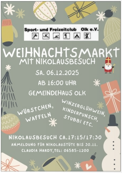 Een uitnodigende poster voor een kerstmarkt met een bezoek van de kerstman. Het evenement vindt plaats op 6 december 2025 in het gemeenschapshuis Olk en biedt worstjes, wafels en kinderpunch.