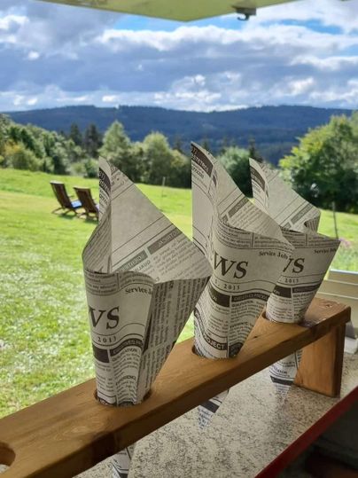 Drei kreativ gefaltete Papierbehälter aus Zeitungen stehen auf einem Holzregal. Im Hintergrund ist eine malerische Landschaft mit grünen Wiesen und einem bewölkten Himmel zu sehen.