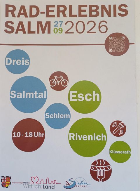 Een poster voor de fietservaring Salm op 27 september 2026. Het toont verschillende locaties en informatie over het evenement.