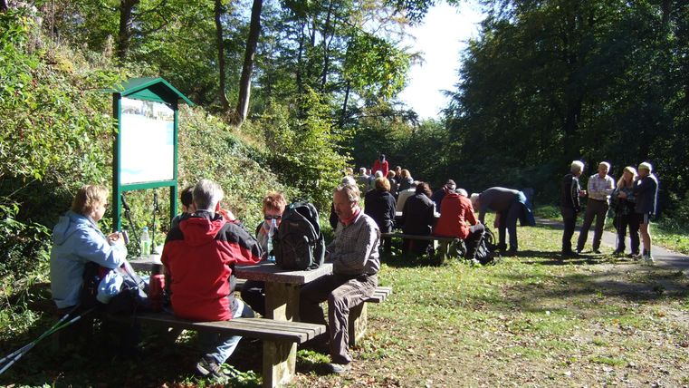 Eine Gruppe von Menschen sitzt an Holzbänken im Wald und genießt die Natur. Die Sonne scheint und es ist eine entspannte Atmosphäre.