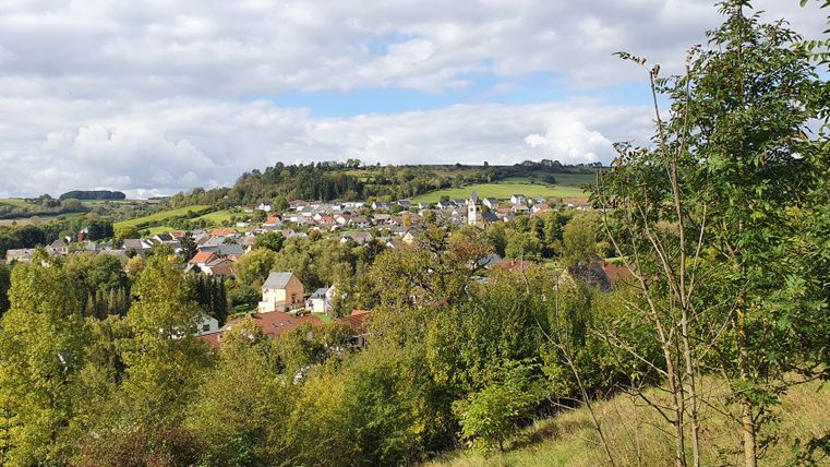 Blick auf das Dorf Oberweis mit grünen Hügeln im Hintergrund.