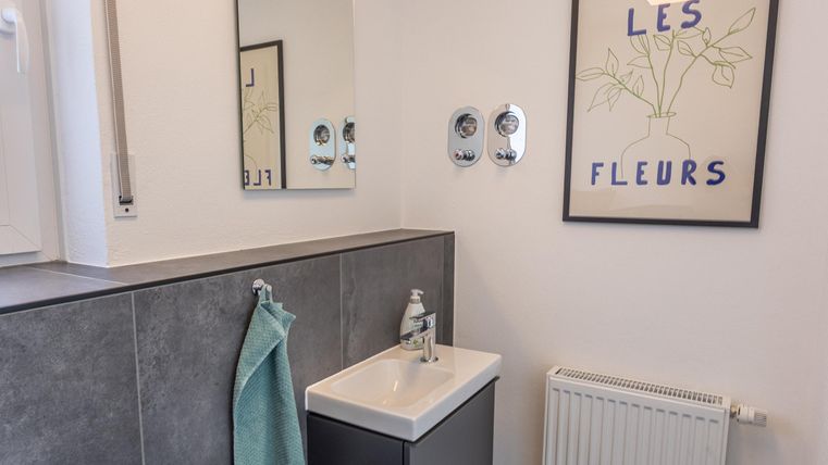Een moderne badkamer met een klein wastafel en een spiegel. Aan de muur hangt een kunstwerk met de tekst "LES FLEURS".