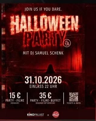 Eine Halloween-Party mit DJ Samuel Schenk findet am 31.10.2026 im Kinopalast statt. Ticketpreise beginnen bei 15 €.