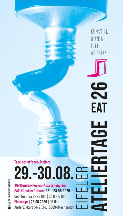 Eine kreative Illustration einer blauen Farbrolle mit Farbklecksen und Textinformationen zu den Eifeler Atelier Tagen. Die Veranstaltung findet am 29. und 30. August 2026 statt.