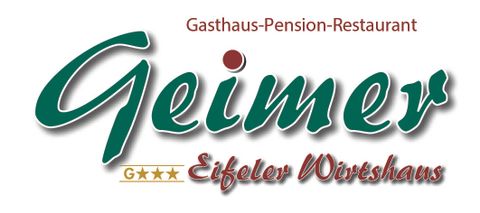 A logo for the Geimer Inn, which is also a guesthouse and restaurant. Below the name is "Eifeler Wirtshaus" and three stars are depicted.