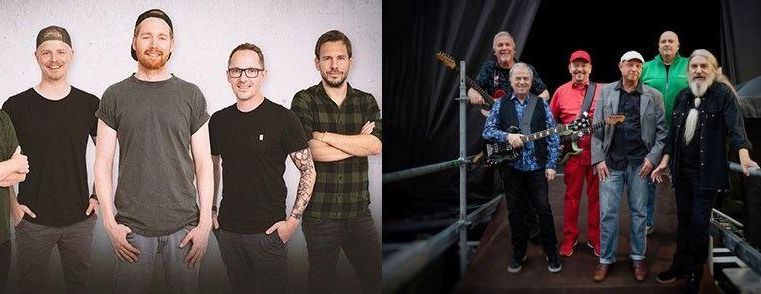 Two groups of men are standing side by side. The group on the left is dressed casually, while the group on the right is wearing colorful costumes.