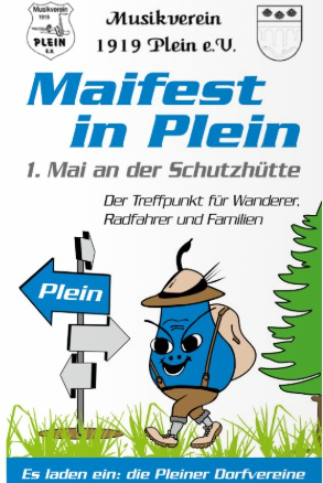 A poster for the May Festival in Plein on May 1st at the shelter. It invites hikers, cyclists, and families.