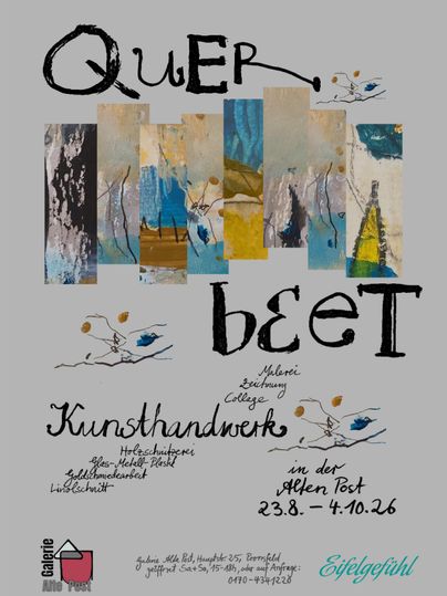 Ein kreatives Plakat für eine Vernissage mit dem Titel "Natur - Kunst - Werke". Es zeigt verschiedene Kunstinstallationen und Fotografien prominenter Künstlerinnen mit dem Datum und Ort der Veranstaltung.