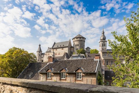 Een majestueus kasteel omringd door bomen en een blauwe lucht. Op de voorgrond zijn historische gebouwen te zien.