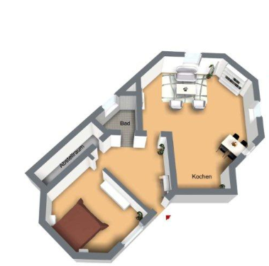 Een gedetailleerde plattegrondtekening van een appartement met een slaapkamer, woonkamer en keuken. De ruimtes zijn duidelijk gerangschikt en er zijn meubels ingetekend.