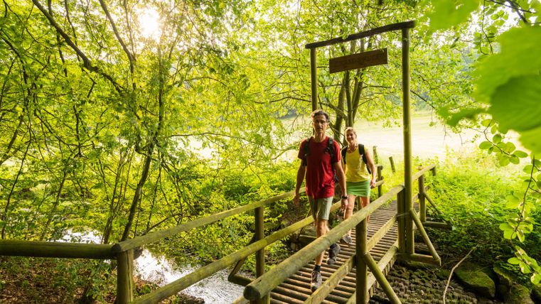 Twee wandelaars steken een houten brug over in het bos.
