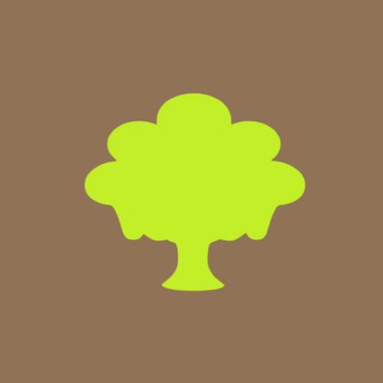 Ein grünes Baum-Symbol auf braunem Hintergrund. Die Form ist einfach und stilisiert.