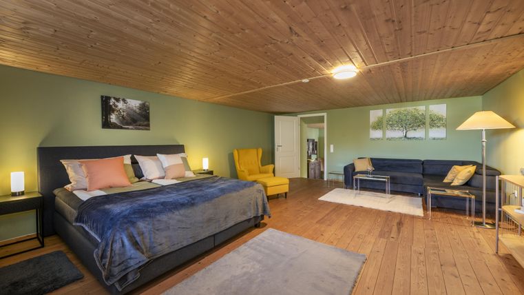 Een moderne slaapkamer met een groot bed en een gezellige zithoek. De muren zijn in zachte groentinten geschilderd, en de vloer is van hout.