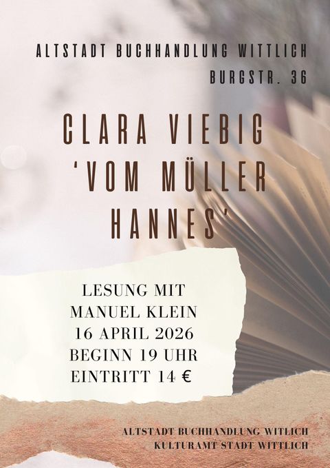 Une affiche pour une lecture avec Manuel Klein à la librairie Altstadt Wittlich. L'événement aura lieu le 16 avril 2026 à 19 heures, l'entrée coûte 14 euros.