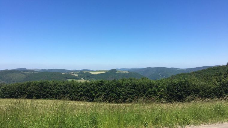 Vue panoramique sur un paysage verdoyant de collines et un ciel bleu limpide.