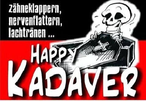 A cartoon skeleton lies in a coffin and smiles. The background is red and black with the text "Happy Cadaver".