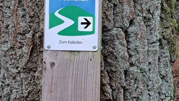 Ein Wegweiser mit dem Hinweis "Eifel Schleifen" zeigt die Richtung zum Kalikofen an. Der Schildbaum steht vor einer Baumrinde.