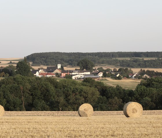 Vue d'un village avec une église, entouré de champs et de forêts. Au premier plan, plusieurs bottes de paille sont posées sur un champ moissonné., © Irmgard Rüdiger