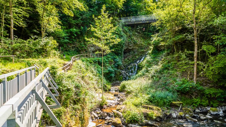 Een smalle waterval in een met mos begroeide, dichtbegroeide kloof, waar een beekje tussen de rotsen stroomt. Een houten loopbrug met een witte leuning loopt links langs de vallei; boven spant een klein bruggetje zich uit over het groene landschap.