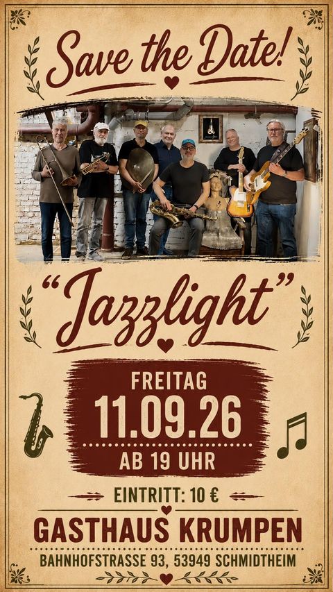 Ein Plakat für ein Jazzkonzert mit der Band "Jazzlight". Das Event findet am Freitag, den 11.09.26, im Gasthaus Krumpen statt.