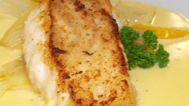 Ein Stück gebratener Fisch liegt auf einer cremigen Sauce. Neben dem Fisch sind einige Gemüsestücke und ein wenig frische Petersilie dekoriert.