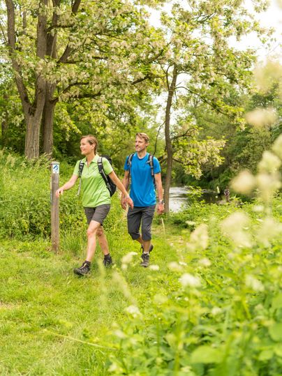 Ein Paar wandert auf einem grünen Weg neben einem Fluss. Es ist ein sonniger Tag, umgeben von Bäumen und Blumen.