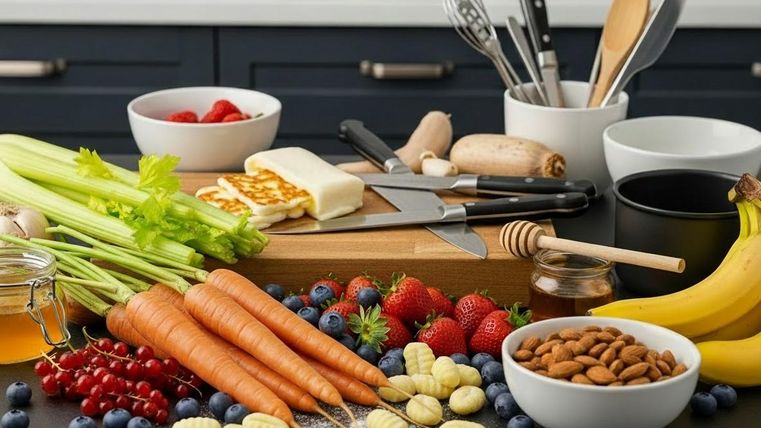 Une main coupe un poivron rouge sur une planche à découper. En arrière-plan, un saladier avec de la salade fraîche est visible.