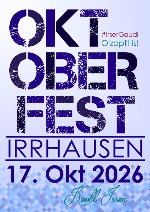 Ein Plakat für das Oktoberfest mit Informationen über eine Blasmusikveranstaltung in Irhausen. Das Event findet am 18. Oktober ab 20 Uhr statt.