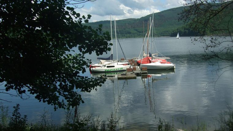A calm scene at the lake with several sailboats gently floating on the water. In the background, green hills and a blue sky with a few clouds can be seen.