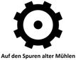 Symbol eines Zahnrads mit Text 'Auf den Spuren alter Mühlen'.