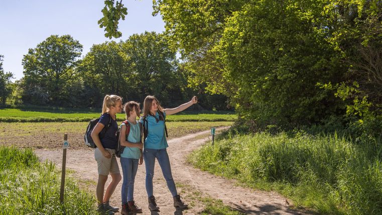 Three people take a selfie on a hiking trail in the countryside.