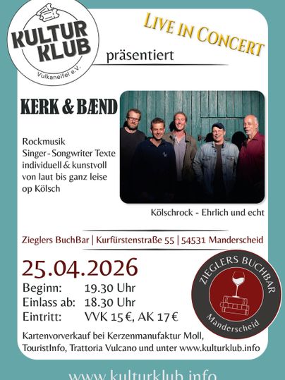 Une affiche pour un concert live de Kerk & Bænd. L’événement aura lieu le 25 avril 2026 à la Ziegler BuchBar à Manderscheid.