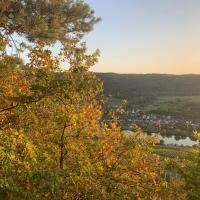 Een schilderachtig uitzicht op een vallei met kleurrijke herfstbladeren en een zachte zonsondergang. Op de achtergrond zijn zachte heuvels en een rivier te zien.
