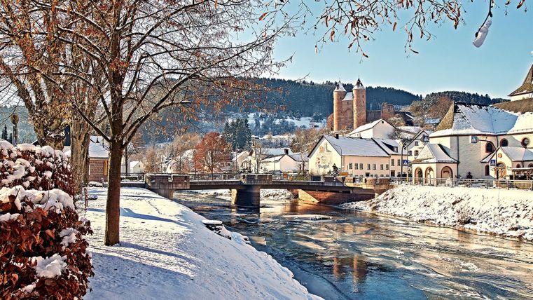 Snowy winter landscape with the Bertradaburg in the background, a frozen river, and bare trees in the foreground.