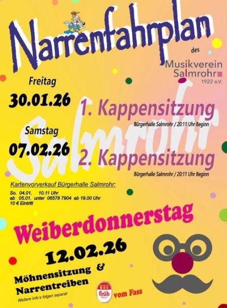 Une affiche colorée pour les événements du plan de carnaval du club de musique de Salmrohr. Elle montre les dates des séances de carnaval et d'autres activités en février 2026.